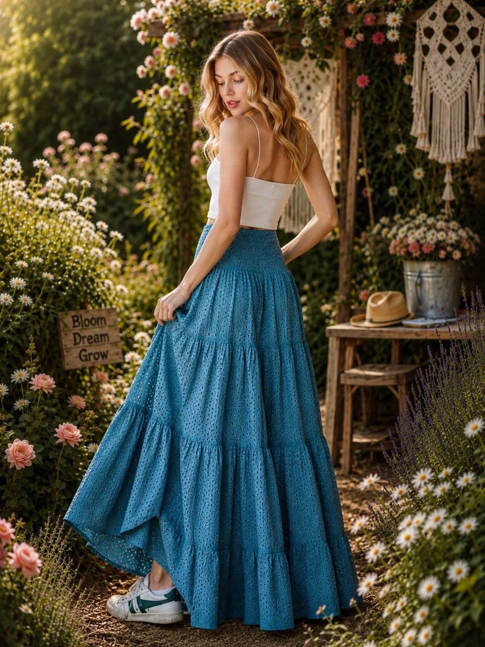 Oli & Hali L Mineral Wash Blue Eyelet Tiered Maxi Skirt in Midnight